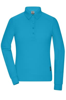 A long-sleeve polo shirt in bright blue with a collar and buttons. The shirt features a logo on the label.