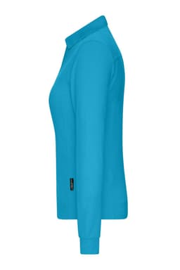 A side view of a ladies' polo shirt in bright blue, featuring a collar and long sleeves. It has a small logo.