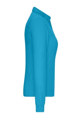 A side view of a ladies' work polo shirt in bright blue with long sleeves and a collar. It features a logo.