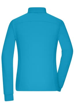 A turquoise long-sleeved polo shirt with a collar and a logo on the back.