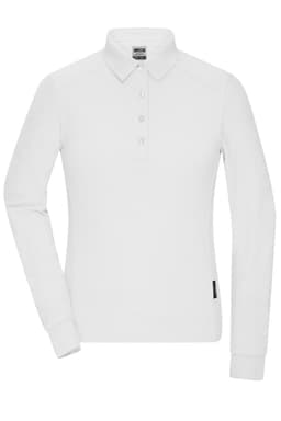 A white long-sleeve polo shirt with a collar and buttons, featuring a small logo on the side.