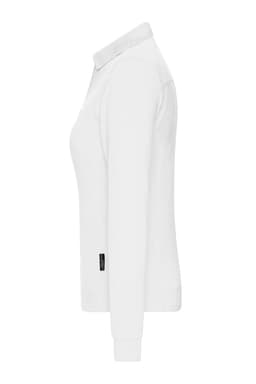 A ladies' white long-sleeve polo shirt with a fitted design and a logo on the side.