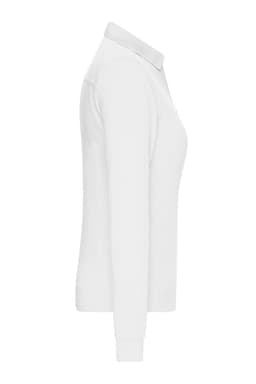 A white long-sleeve polo shirt for women with a collar. It features a logo on the front.