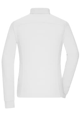 A white long-sleeve polo shirt for women, featuring a collar and a branding logo on the back.