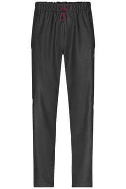 Black rain-pants with an elastic waistband and red drawstring, featuring side ventilation details and a logo.