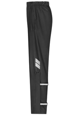 Black worker rain-pants with reflective detailing and an elastic waistband, featuring pockets on the sides.