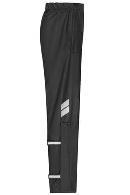 Black rain-pants with an elastic waistband and reflective details, featuring a side pocket. Has a logo.