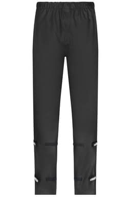 A pair of black rain-pants with an elastic waistband and adjustable straps at the legs, featuring a logo.