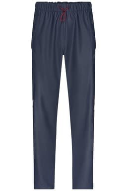Dark navy rain pants with an elastic waistband and drawstring, featuring reflective details and a logo.