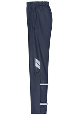 Navy rain-pants featuring a waistband, reflective accents, and side pockets. The pants have a sleek, functional design.