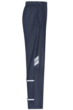 Navy rain pants featuring an elastic waistband and reflective details, designed for workwear use.