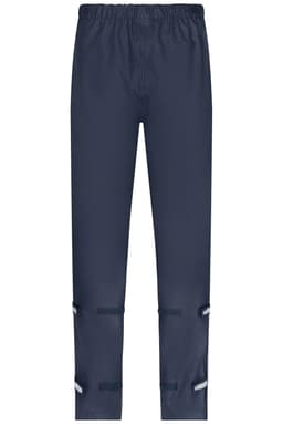 Navy blue rain pants with an elastic waistband and reflective detailing at the hem. Suitable for outdoor work.