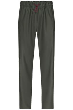 Worker Rain-Pants in dark green with an elastic waistband and drawstring, featuring side zip pockets and a logo.