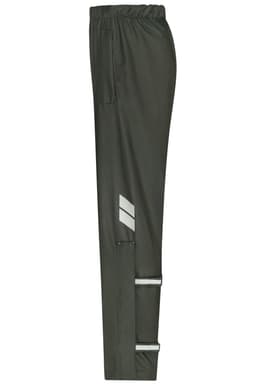A pair of dark green rain pants featuring reflective stripes, with an elastic waistband and side pockets.