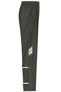 Worker rain pants in dark green with reflective detailing, featuring an elastic waistband and side pockets.