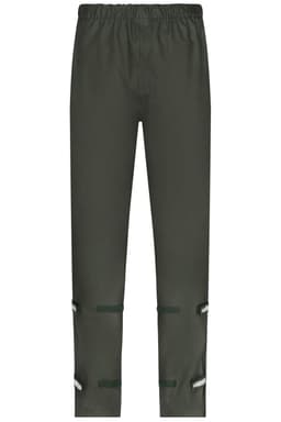 Worker rain-pants in dark green with an elastic waistband and adjustable straps at the ankles. Features a logo.