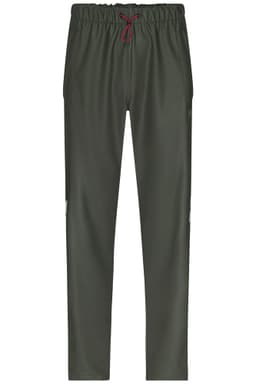 Worker Rain-Pants in dark green with an elastic waistband and drawstring, featuring side pockets and branding.