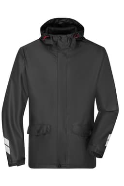 A black rain jacket featuring reflective stripes and a hood, with front pockets and a logo.