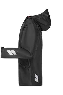 A black worker rain jacket with a hood and reflective detailing on the sleeves. It features one logo.