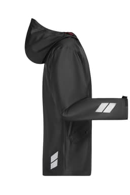A black rain jacket featuring a hood and reflective detailing, with a side view showcasing its design and fit.