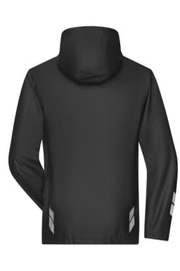A black rain jacket with a hood, featuring reflective detailing on the sleeves and back. It has a logo.
