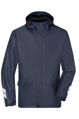 A navy rain jacket designed for workwear, featuring reflective stripes and a hood. The jacket has a logo on it.