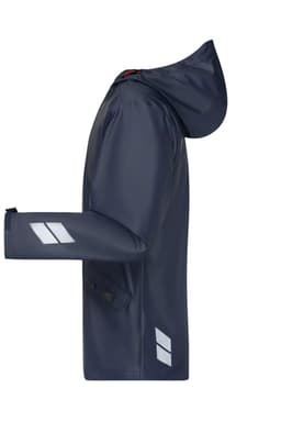 A navy rain jacket with a hood and reflective detailing, featuring a logo on the sleeve.