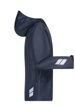 A navy rain jacket with a hood, featuring reflective accents and a side pocket. It has a logo on the sleeve.