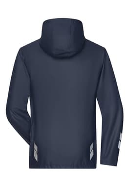 A navy rain jacket with a hood and reflective details on the sleeves, featuring a branding logo.
