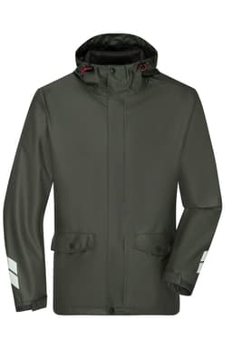 A green rain jacket with a hood featuring reflective stripes and a logo. It has front pockets and a zip closure.