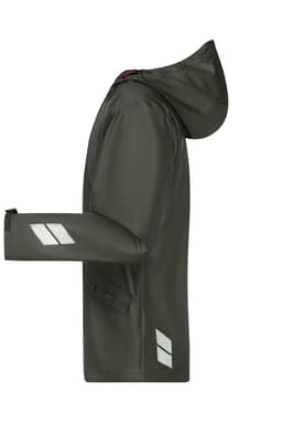 A green rain jacket with a hood, featuring reflective stripes and a logo. Side view.