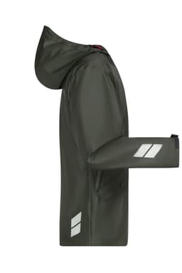 A green rain jacket with a hood and reflective accents, featuring a logo on the sleeve.