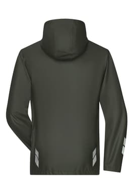 A dark green rain jacket with a hood and reflective detailing on the sleeves. The jacket has a simple design with no visible branding.