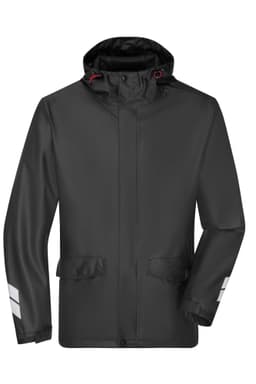 A black rain jacket with reflective stripes, featuring a hood and front pockets. It has a logo on the chest.