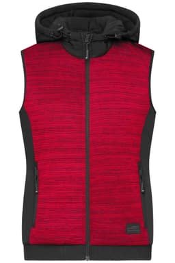 A padded hybrid vest in red with a black hood and side pockets, featuring a zip front and branding.