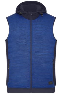 A hooded men's padded hybrid vest in blue with a textured front and dark navy sides, featuring zippers and a logo.
