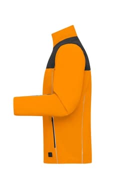 An orange workwear jacket featuring a black panel design and a branded label.