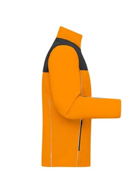 An orange workwear jacket with black accents, featuring a side view and a logo on the upper section.