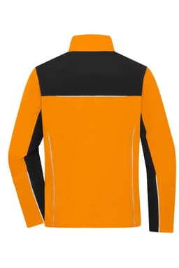 A workwear jacket featuring a black and orange design, with reflective details and a logo on the back.