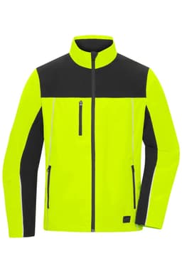 A high-visibility workwear jacket in bright yellow with black accents and reflective detailing, featuring zip pockets and a collar.