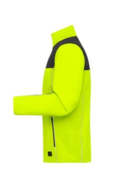A high-visibility yellow work jacket with black accents, featuring a sleek design and modern fit.