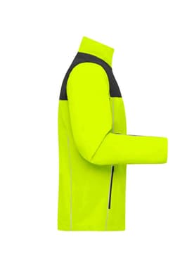 A bright yellow work jacket with a black upper section and a logo on the front.