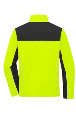 A bright yellow and black work jacket featuring reflective detailing and a logo.