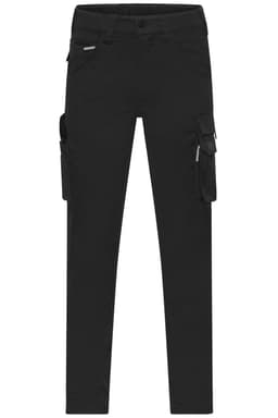 Workwear pants in black, featuring a streamlined design and multiple pockets. Includes a logo on the garment.