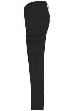 Black work pants featuring a slim fit and multiple side pockets. Includes a logo on the waistband.