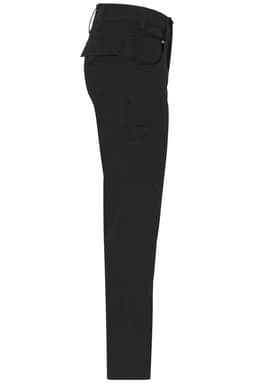 A pair of black work pants with a slim fit and cargo pockets, featuring a logo on the back.