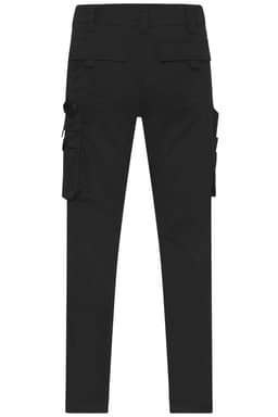 Black work pants featuring multiple cargo pockets and a fitted design, with a visible logo on the back.