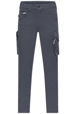 Light grey work pants featuring cargo pockets and a branded logo.