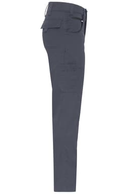 A pair of grey work pants features a slim fit and side pockets, with a logo on the waistband.