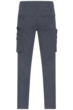Light grey work pants featuring multiple side pockets and a fitted design, with a logo present on the fabric.